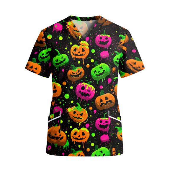 IYYVV Womens Halloween Scrub Top Pumpkin Ghost V Neck Nursing Uniforms Cute Short Sleeve Work Uniform with Pockets Earthy Yellow 2XL