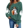 thumbnail image 2 of TKLPEHG Womens Halloween Sweatshirt 2026 Funny Cute Witch Hat Ghost Coffee Cup Graphic Long Sleeve Pullover Crewneck Comfy Holiday Tops Fall Clothes (Green,L), 2 of 5