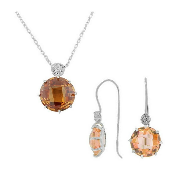 925 Sterling Silver Brown CZ Charm Pendant Necklace Earrings Set