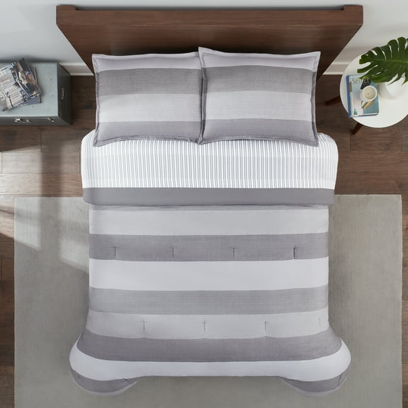 Serta Simply Clean 7 Piece Gray Textured Stripe Comforter Bedding Set, Queen