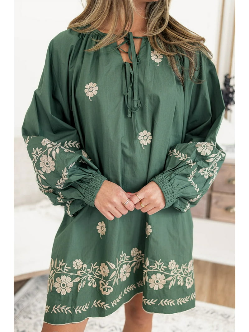Women's Mist Green Boho Floral Pattern Puff Sleeve Shift Dress with Tie Neck - [ZhiHiMeRi] | (US 12-14)l