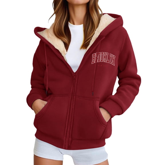 Arlun Zip up Hoodies for Women Fashion Letter Printed Full Zipper Drawstring Sweatshirts Thick Sherpa Lined Thermal Comfortable Fall Winter Jackets with Pockets 9 XL