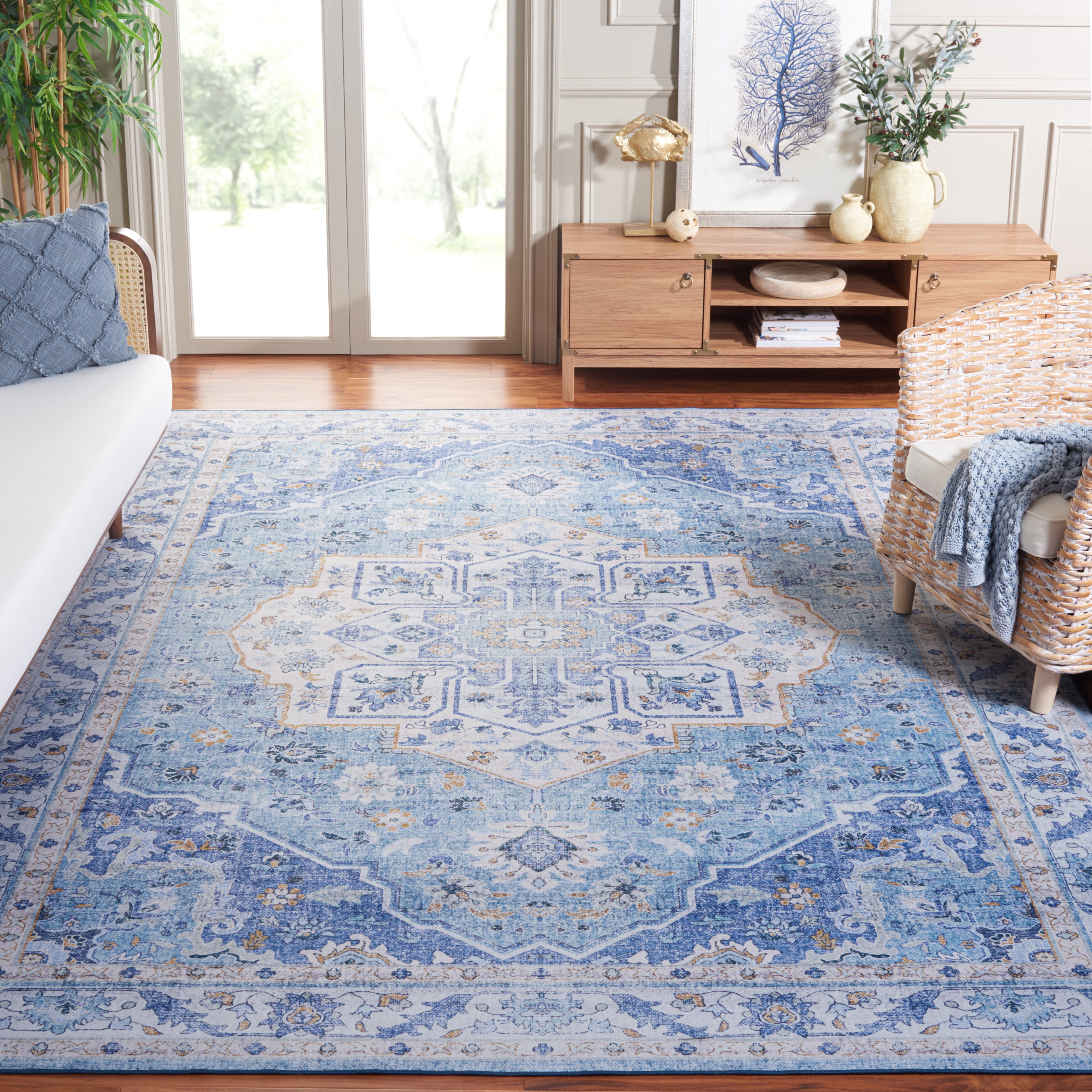 SAFAVIEH Tucson Luvina Oriental Machine Washable Area Rug, Light Blue/Blue, 10' x 14'