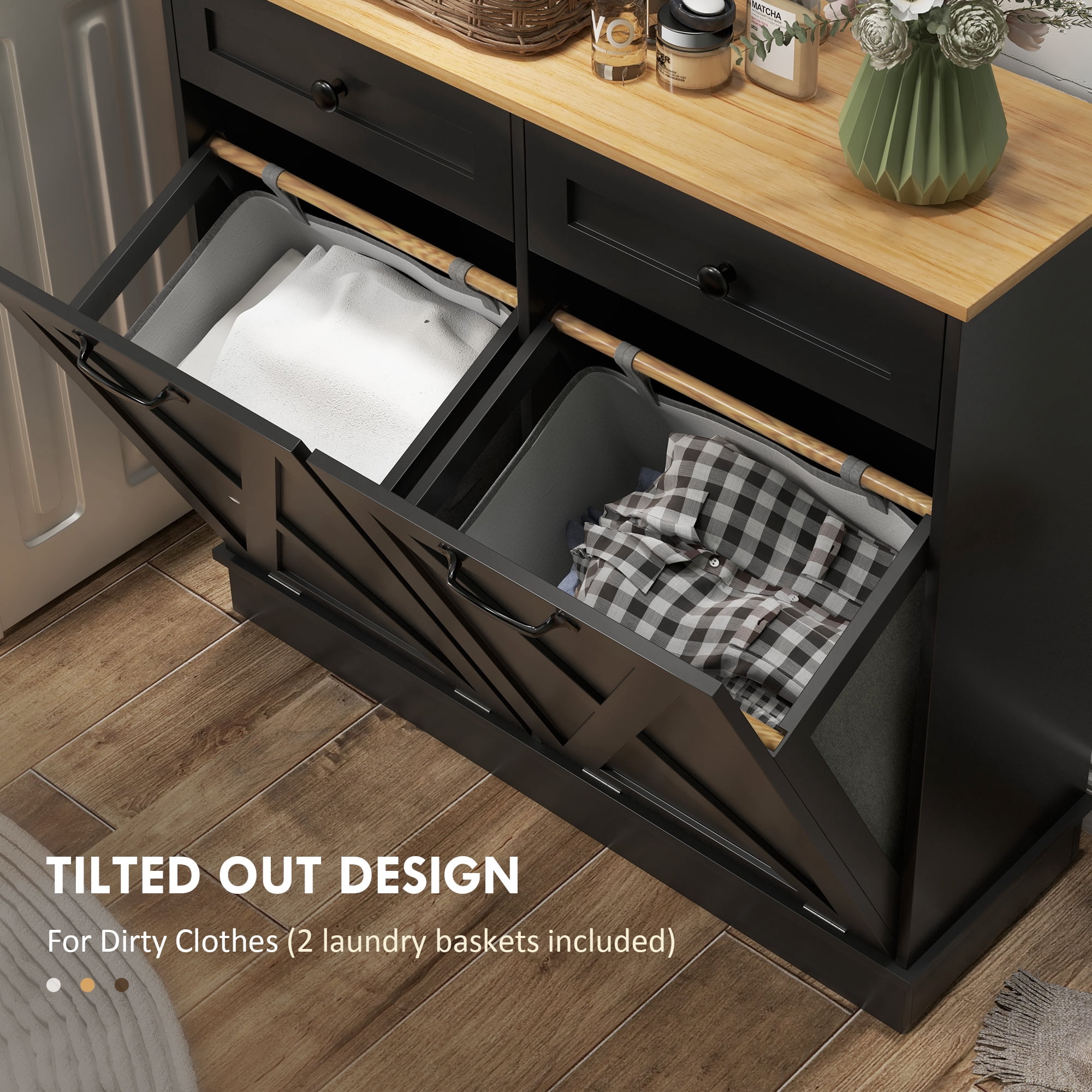 HOMCOM Tilt Out Laundry Hamper Cabinet Bathroom Storage Cabinet with 2 Removable Baskets and 2 Drawers, Black