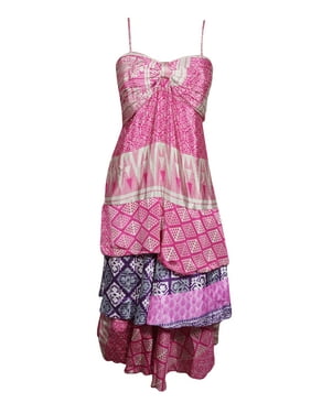 Mogul Women Pink Recycled Silk Spaghetti Strap Dress Layered Printed Summer Dresses SM
