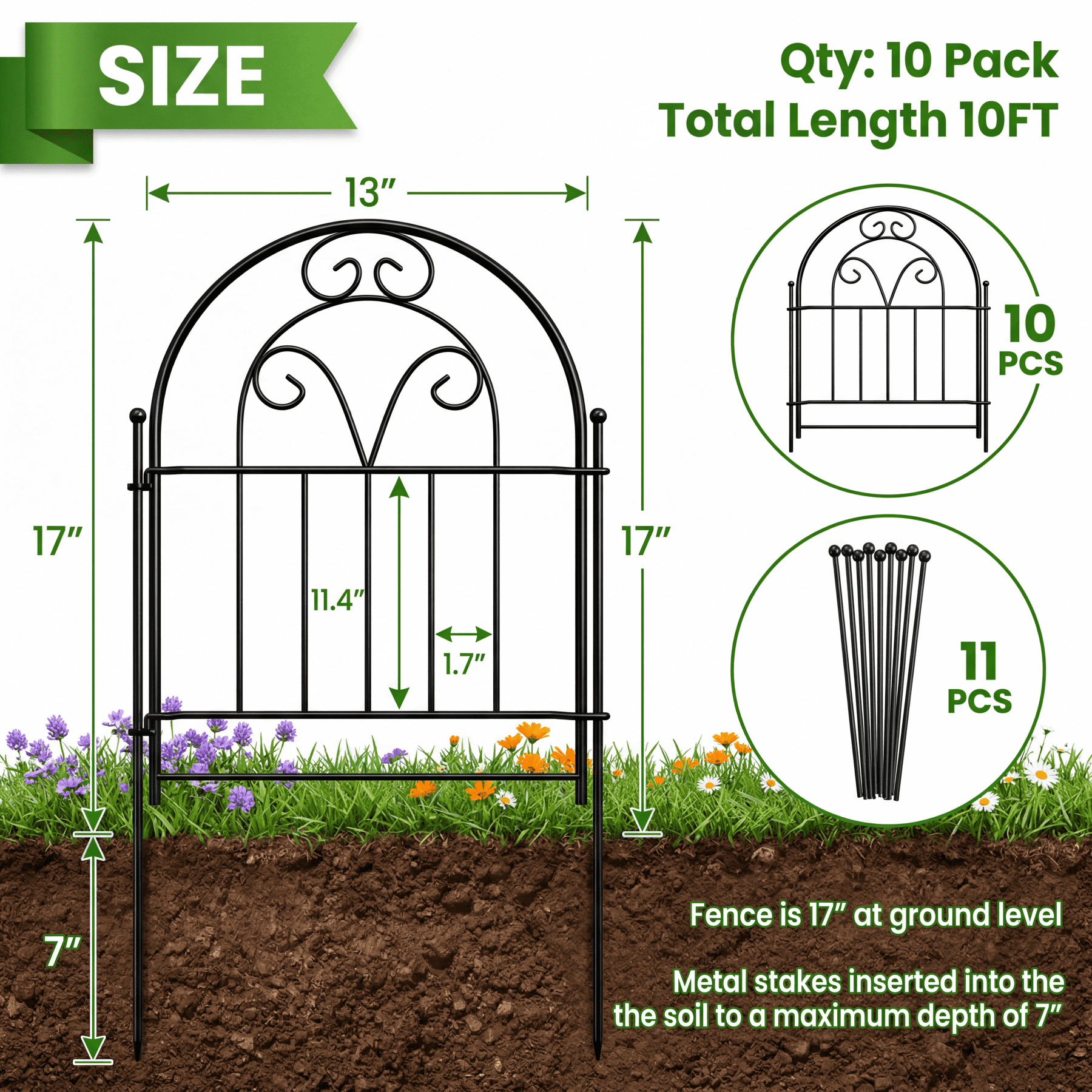 Decorative Garden Fence , 10 Pack Rustproof Metal No Dig Fence Animal Barrier for Dog, Arched Flower Bed Edging Ornamental Wire Border Panel Fencing for Yard Patio Outdoor Decor