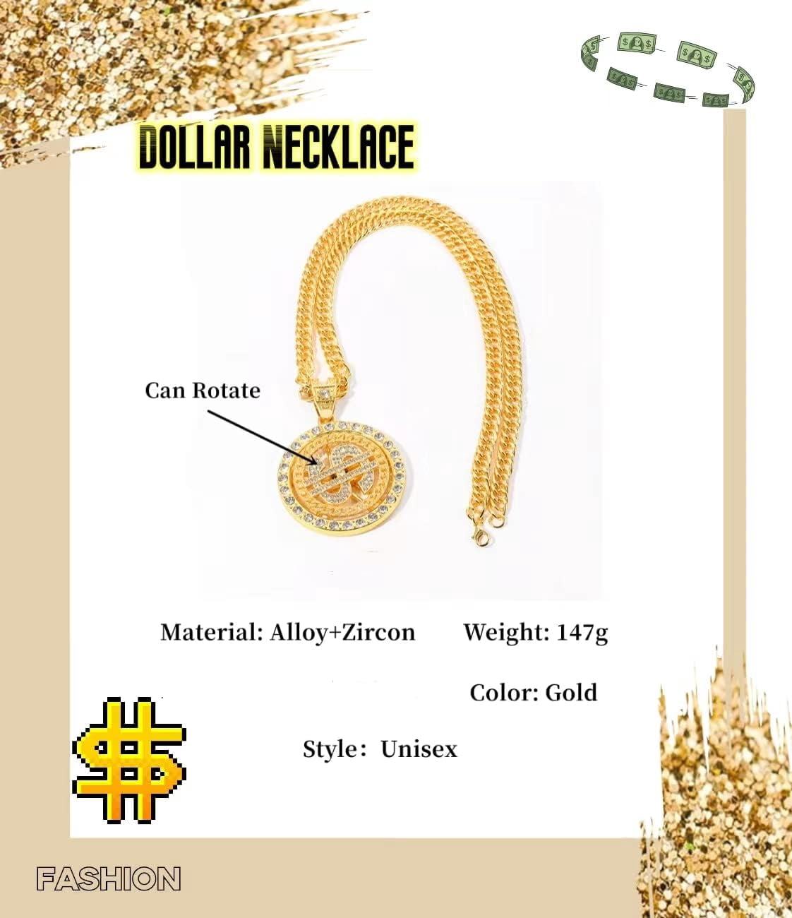 Necklace,Rotatable Rapper Alloy Zircon Necklace, Standard Configuration For Men And Women,Hip-Hop Men's Necklace Trendsetter Accessories, Punk Fashion Trend Gifts,