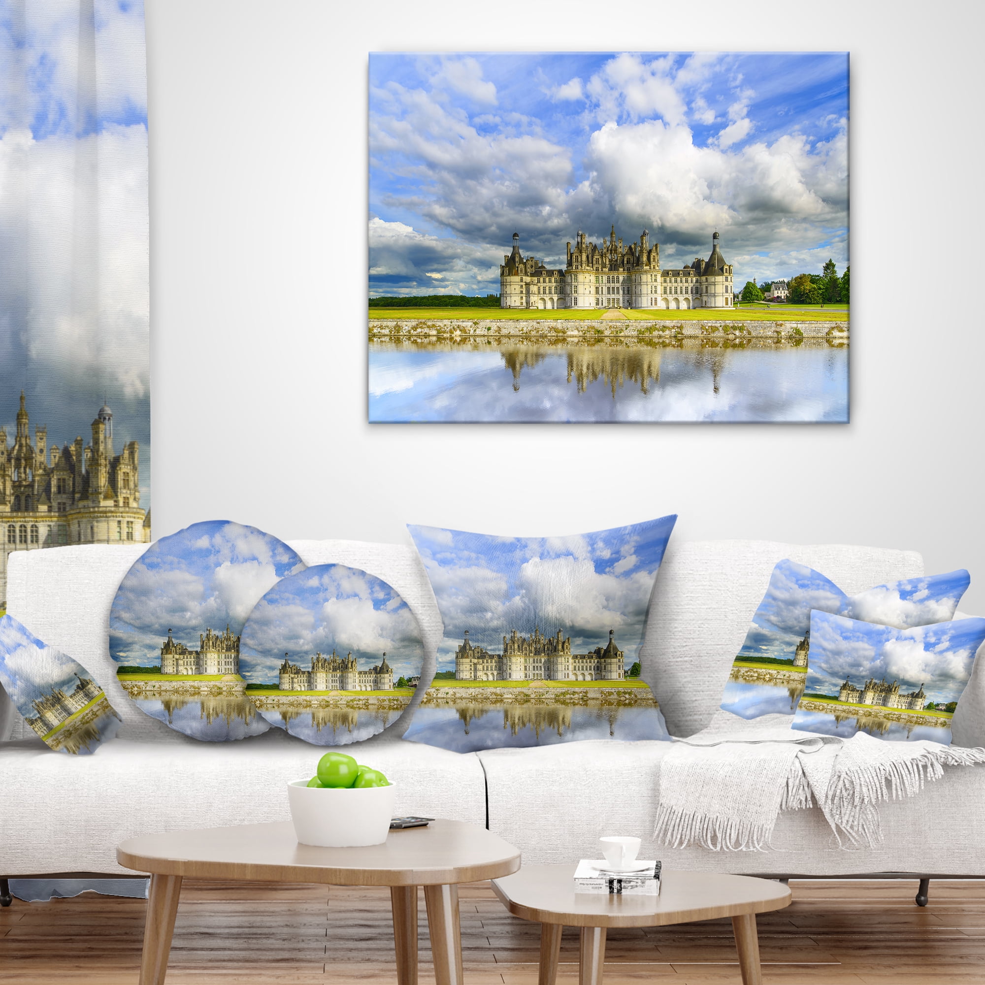 Designart Chateau De Chambord Castle and Reflection - Seashore Throw Pillow - 16x16
