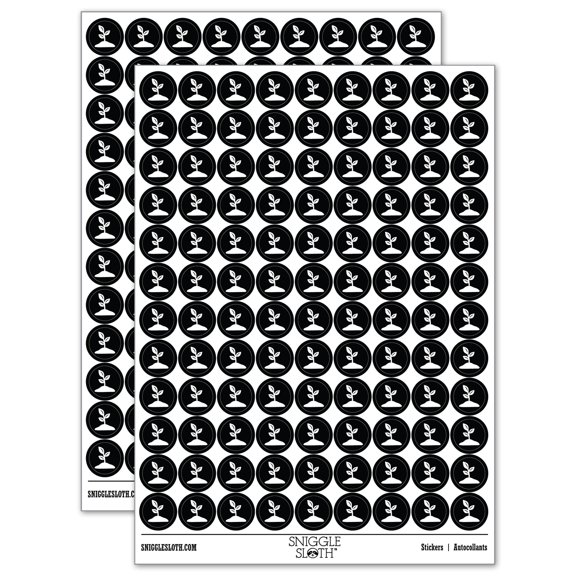 Seedling Growing Plant 200  Round Stickers - Black - Gloss Finish - 0.50" Size