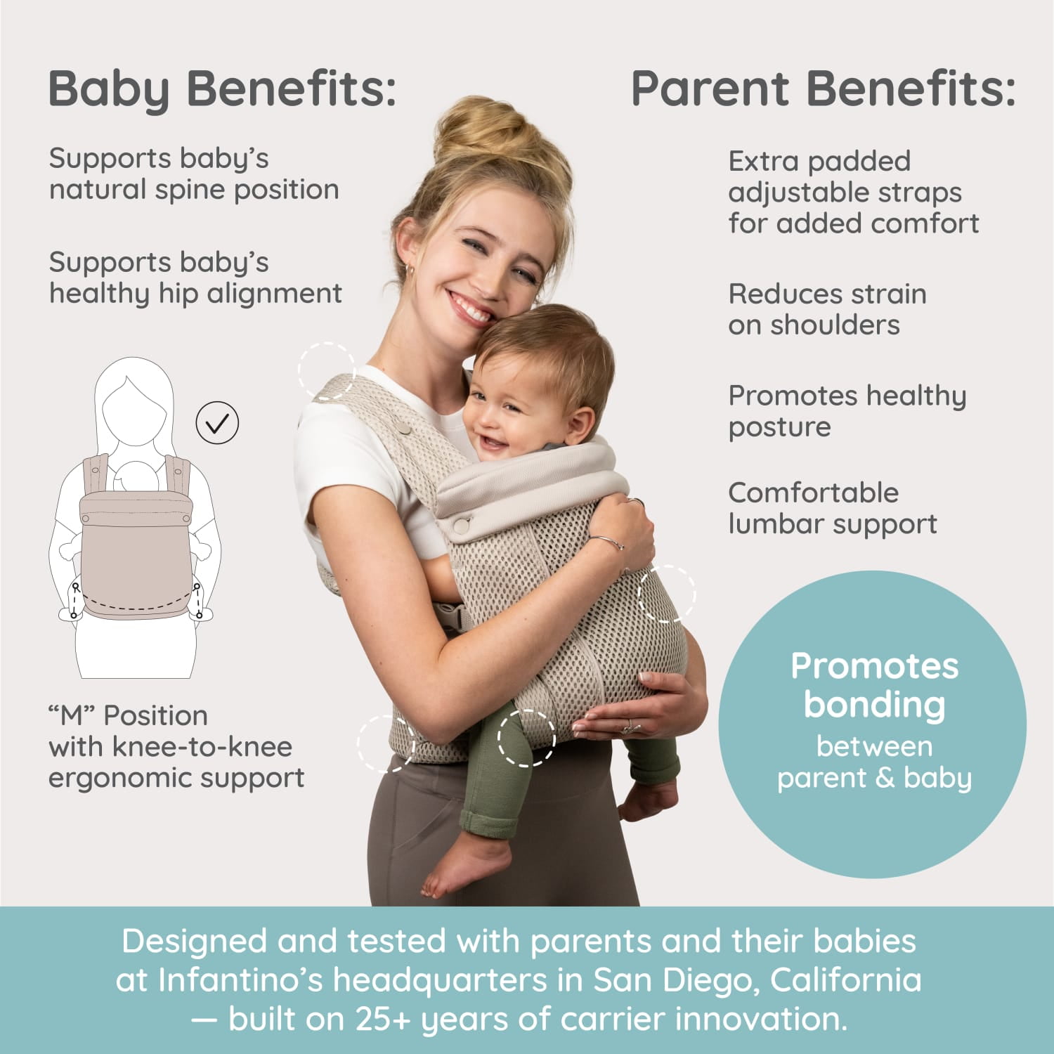 Infantino Honey Blossom Baby Carrier, Ergonomic Carrier, Adjustable Seat, Infant to Toddler 7–40 lbs, Unisex, Moon Beam