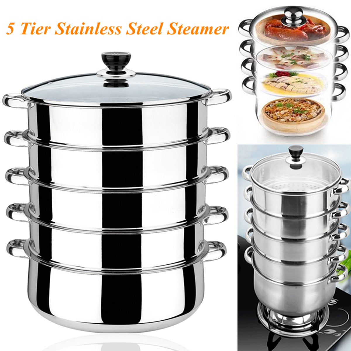 Details about   Large Stainless Steel Steamer 30cm Steam Pot Glass Lid Cooker Saucepan Silver 
