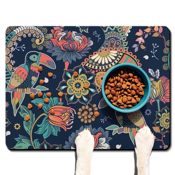 Vibrant Paisley Dog Feeding Mat - Absorbent Pet Food Spill Mat - Non-Slip Rubber Base - Ethnic Boho Design - Large Size for Bowls