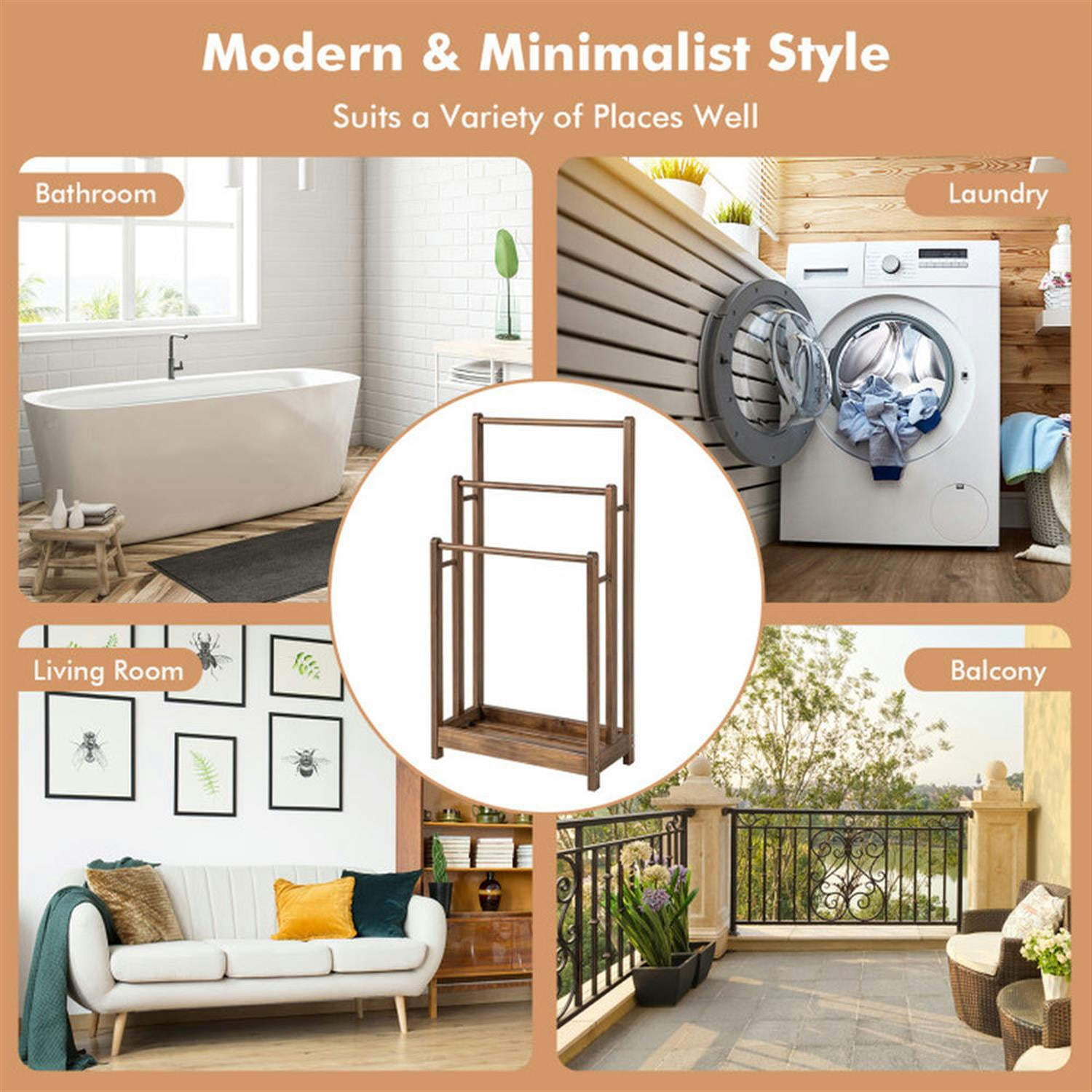 Demi Bonn Free Standing Towel Rack for Bathroom, 3-Bar Blanket Rack with Bottom Storage Shelf, Blanket Holder, Drying and Display Rack, Brown