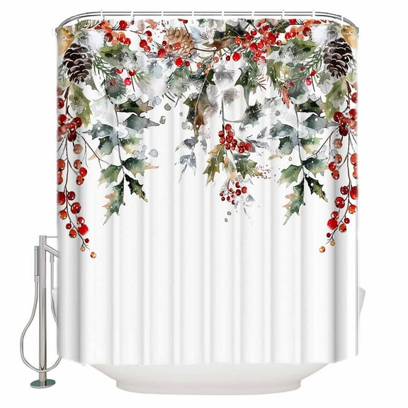 Fabric Shower Curtain, Christmas Winter Pine Leaves Pine Cones Red Berries Bathroom Curtain with 12 Hooks Waterproof No Bad Odor Machine Washable Bath Curtains for Bathroom, Spa Room, 36"x72"
