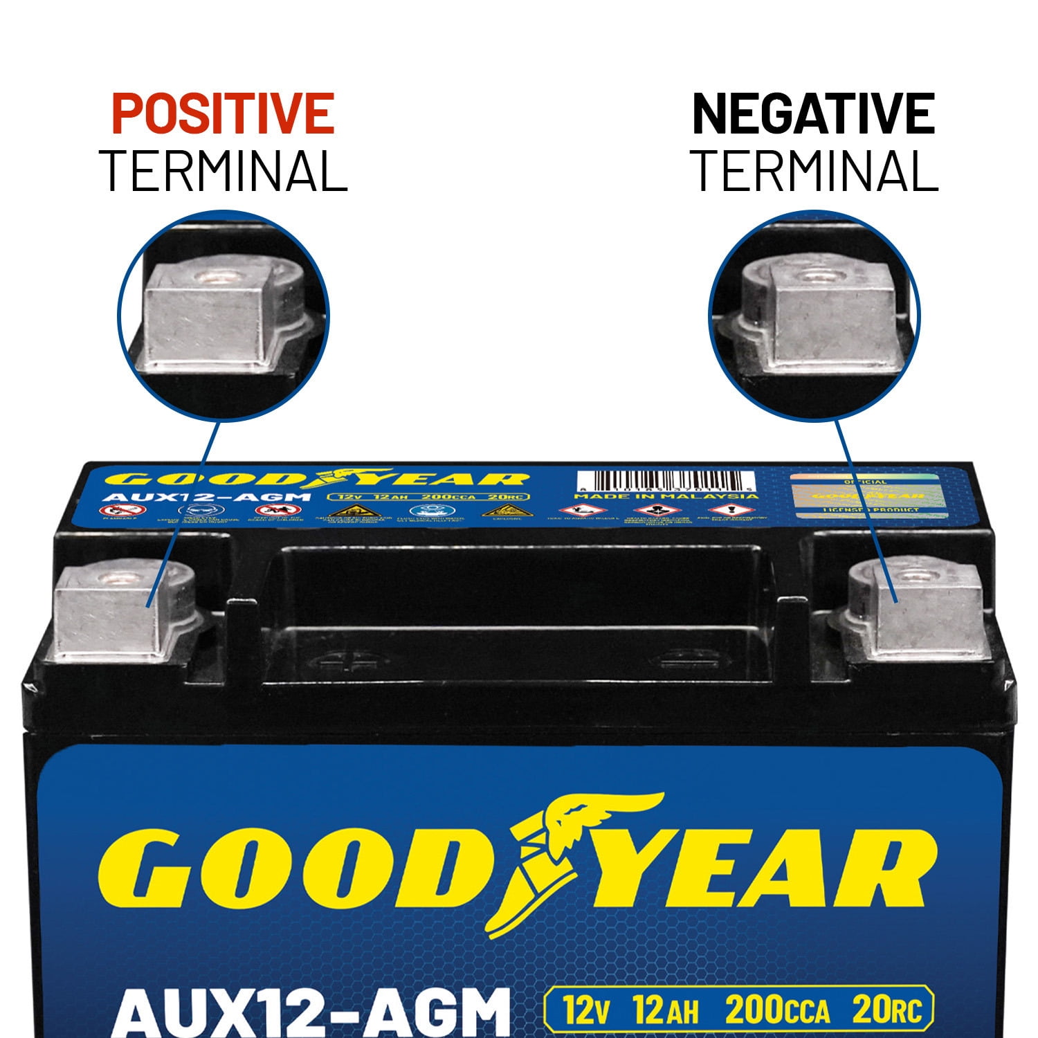 Goodyear AUX12-AGM BCI Group Size 401 12V 12 AH, 20RC, 200 CCA Platinum series Rechargeable AGM Maintenance Free Auxiliary Battery