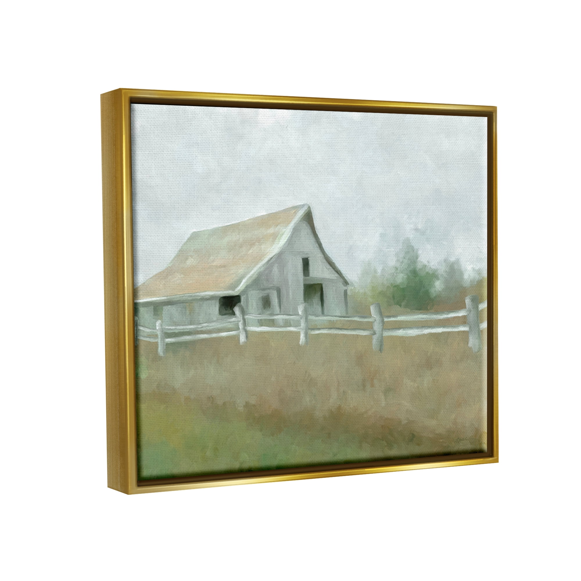 Stupell Industries Rural Farmland Fence Nature Painting Gold Floater Framed Art Print Wall Art, 31 x 25