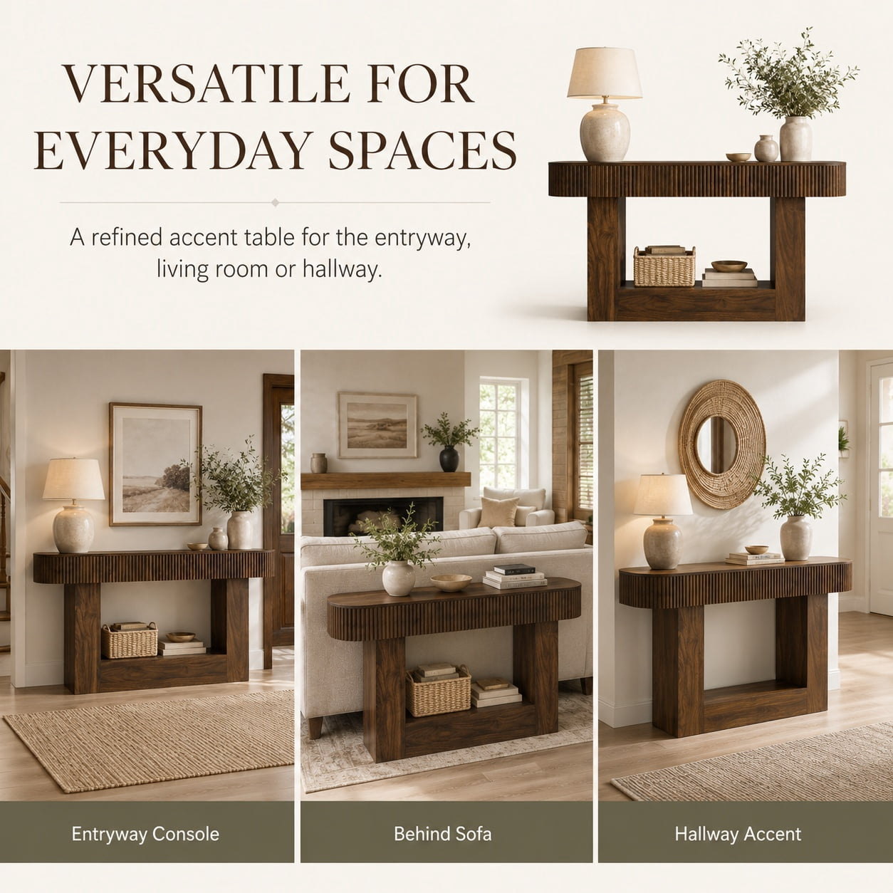 Aukfa 63" Fluted Console Table, Modern Farmhouse Entryway Table Narrow Sofa Table Behind Couch, Walnut
