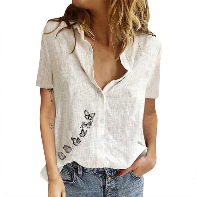 Gibobby Playera de Manga Corta con Cuello Redondo Algodón Casual Suelto Personalidad Impreso Solapa Botón Manga Corta(Blanco,XL)