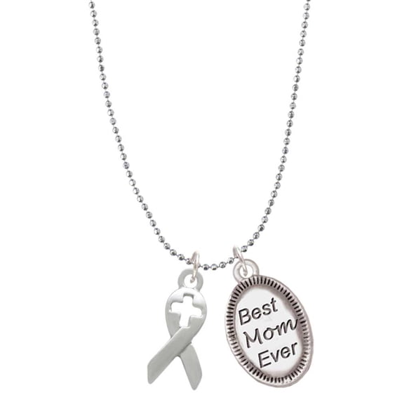 Delight Jewelry Silvertone Ribbon with Cross Cutout Best Mom Ever Charm Necklace