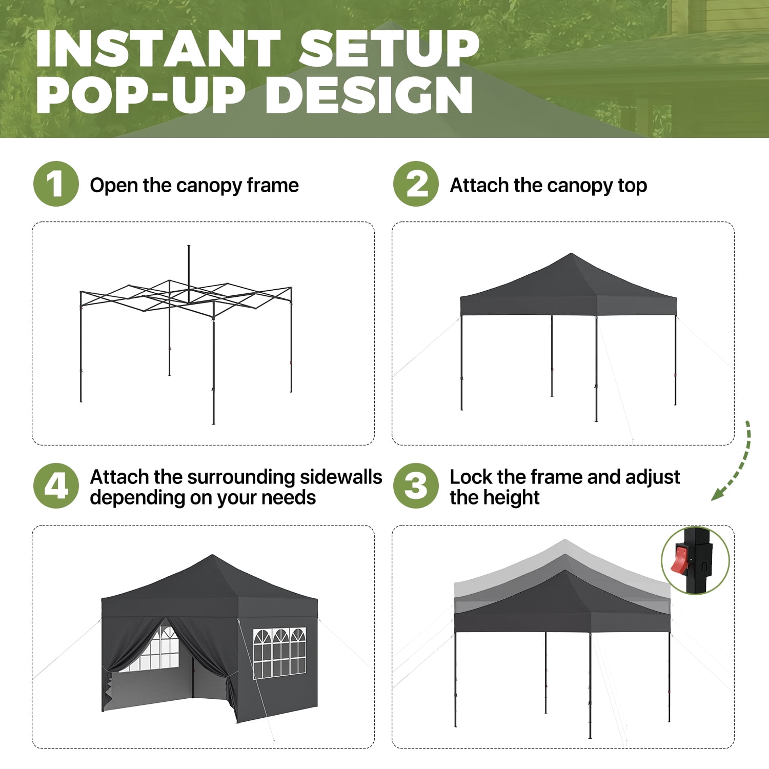 BaPiPro 10'x10' Pop Up Canopy Tent with 4 Removable Sidewalls, Adjustable Height Instant Outdoor Canopy, Portable Sun Shade Shelter with 4 Sandbags, Easy Setup for Parties, Camping, Events, Gray