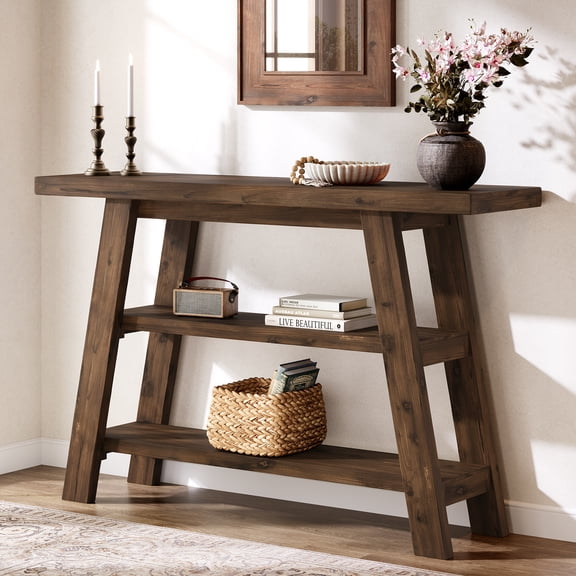 Solid Wood Console Table, 47.24" Farmhouse Narrow Entryway Table with 3-Tier Storage Shelves, Accent Sofa Table for Hallway, Foyer & Living Room (Brown)
