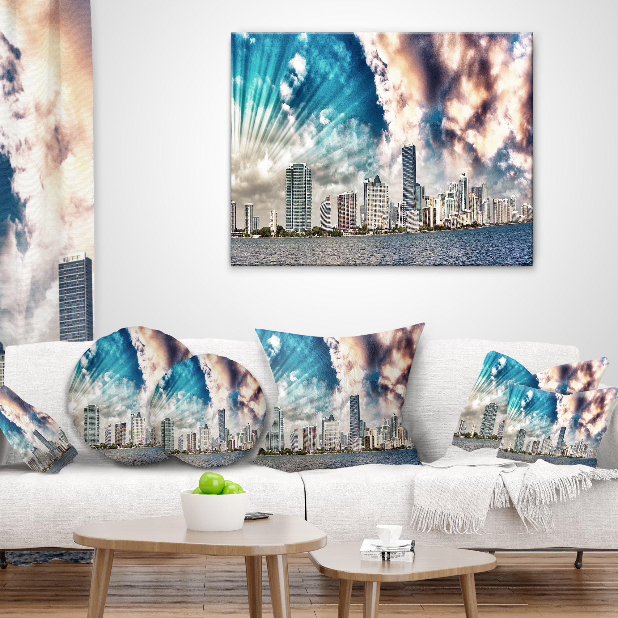 Designart Miami Skyline with Clouds - Cityscape Photo Throw Pillow - 16x16
