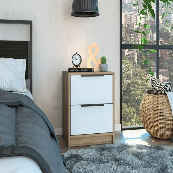 We Have Furniture Nightstand Cervants, Two Drawers, Metal Handle, White / Pine Finish