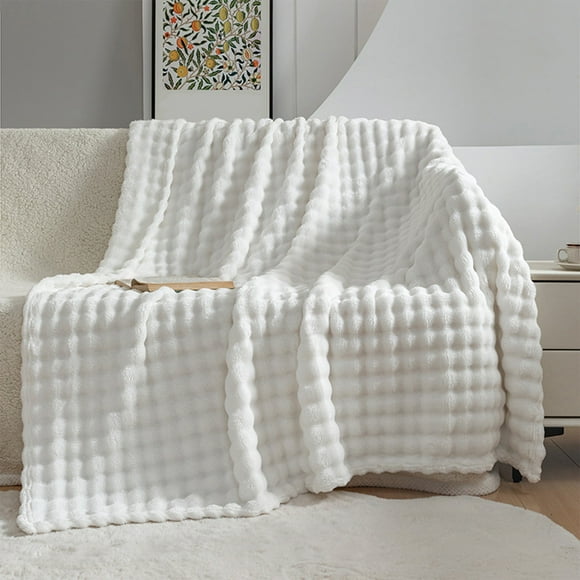 Soft Fleece Blanket, Plush Thick Nap Blanket, Premium Polyester Striped Throw for Bed Sofa Machine Washable Quick Dry, White
