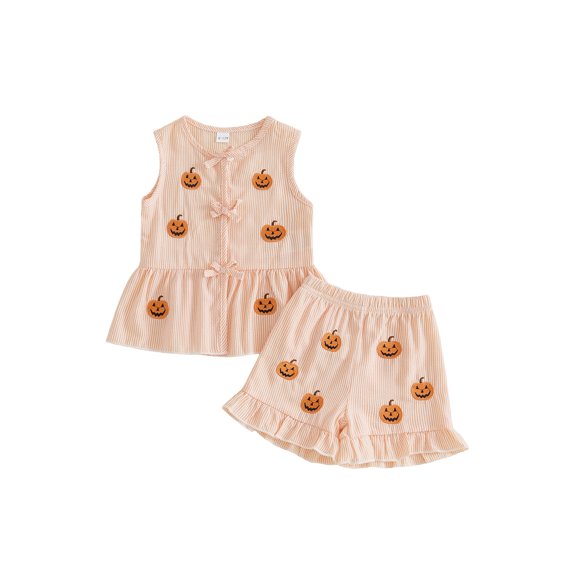 RUINIXCW Toddler Baby Girl Halloween Outfit Infant Baby Girls Summer Fall Clothes Ghost Pumpkin Embroidery Bows Tank Top with Shorts Set