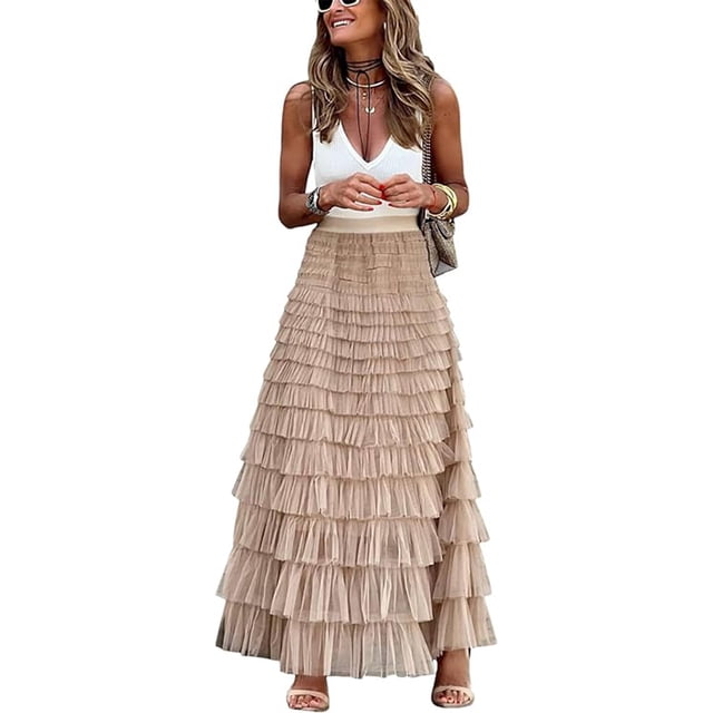 Falda maxi de verano elástica de cintura alta una línea vestido casual falda de pastel de malla de moda falda de verano faldas plisadas largas hinchadas (M)