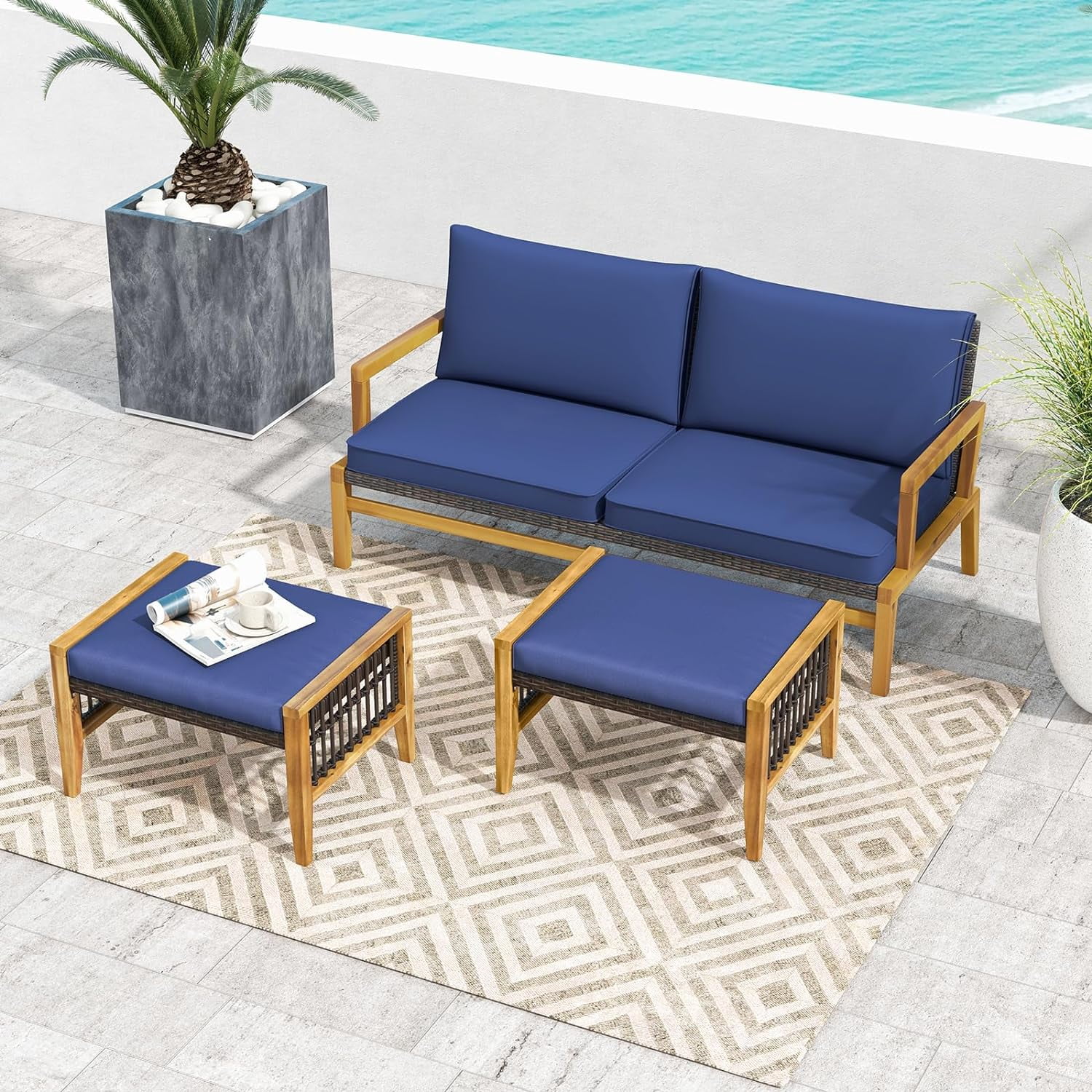 Set of 2 Patio Acacia Wood PE Rattan Ottoman Footrest Seat with Cushion & Adjustable Foot Pad