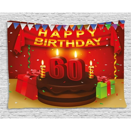 - 60th Birthday Decorations Tapestry, Festive Party Theme Show Inspired Curtains Cakes Box Art Print, Wall Hanging for Bedroom Living Room Dorm Decor, 60W X 40L Inches, Multicolor, by Ambesonne