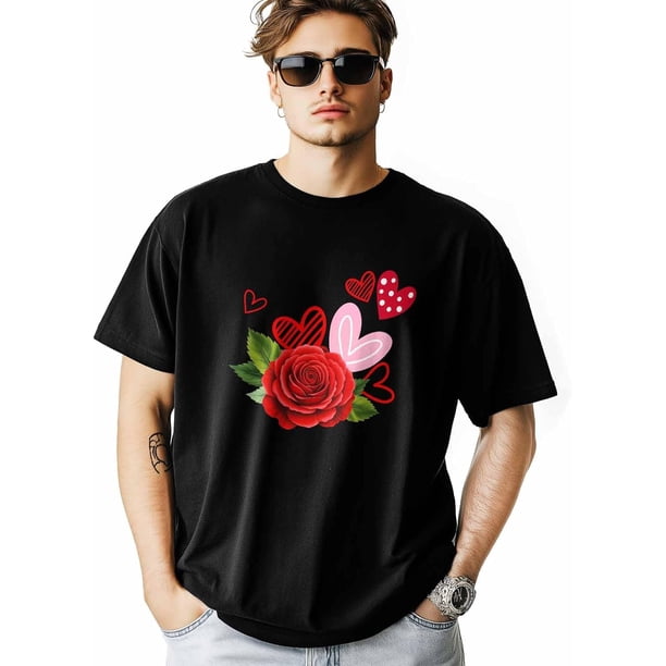 Camisetas para hombre, camiseta de algodón con cuello redondo, rosas rojas y corazones, manga corta para hombre, San Valentín, amor, corazón, flores y hojas.