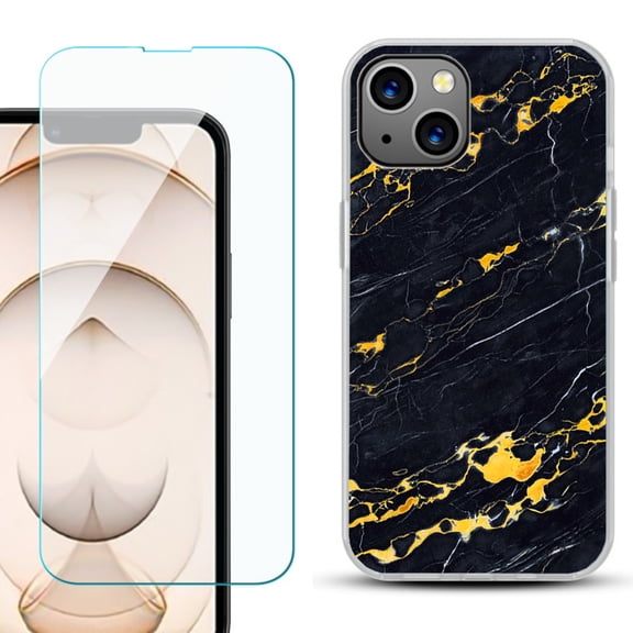 Slim-Fit Flexible TPU Gel Phone Case for iPhone 13, with Tempered Glass Screen Protector, by OneToughShield ® - Marble / Lava