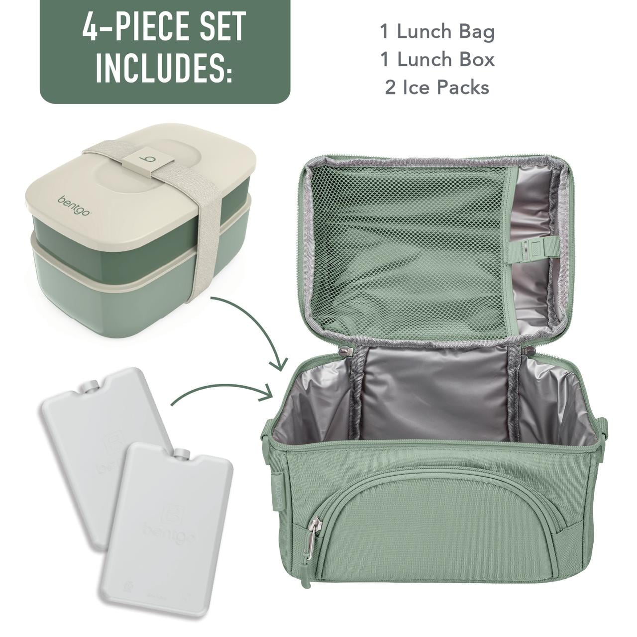Bentgo 4-Piece Deluxe Set With Insulated Lunch Bag, Ice Packs & Bento Classic (Khaki Green)