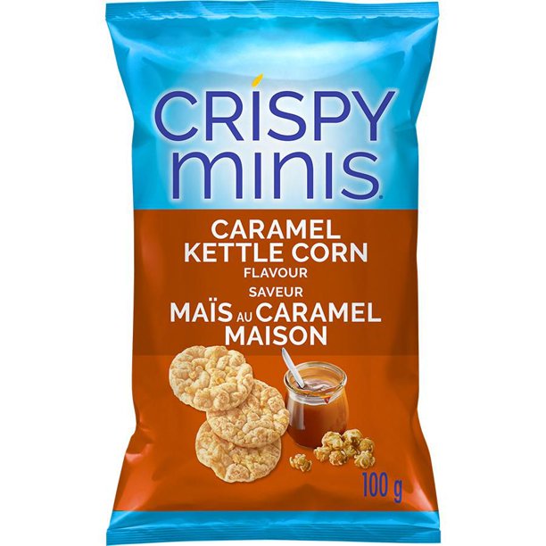 Quaker Crispy Minis Caramel Kettle Corn flavour brown rice chips, 100g