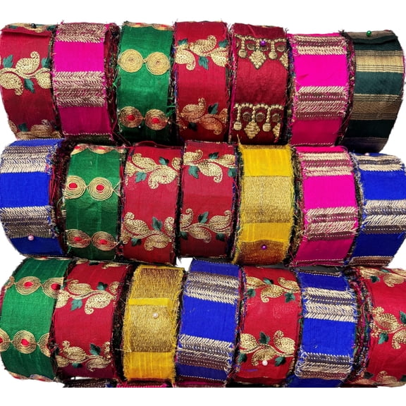 Maker's Craft Metallic Zari Recycled Sari Silk Ribbon Roll 1 1/2'' Inch Multicolor Vintage Colors 25 Yards 100 Grams for DIY Christmas Decorations, Gift Wrapping, Wedding, Jewelry Makings