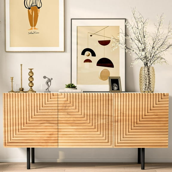 Roomfitters 57" Modern TV Stand Mid Century Entertainment Center, 3 Carved-Like Pattern Doors, Retro Farmhouse Buffet Cabinet, Gold Tapered Legs, Charcoal Walnut Color