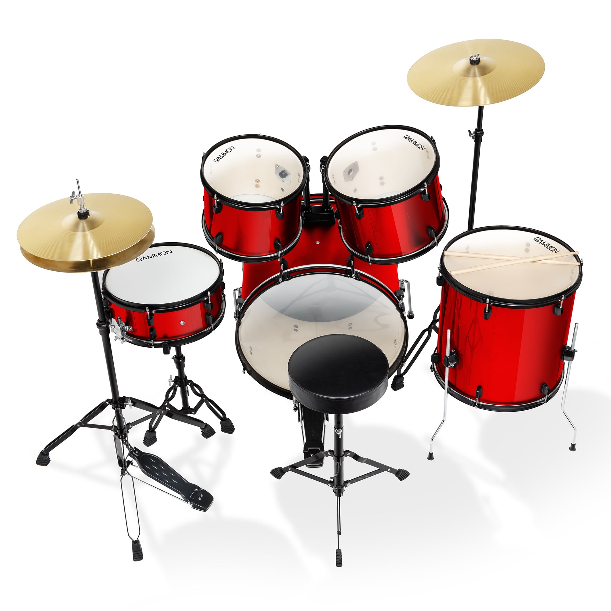 Gammon Percussion 5pc Adult Drum Set - Full Size Beginner Kit w/ Stool & Stands - Red