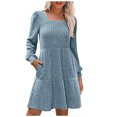 thumbnail image 2 of YHAJDS Women's Fall Winter Casual dress,Long Sleeve Dress Fall Dresses For Women Women's Dresses Solid Color Square Neck Lantern Sleeve Pocket Knit Ribbed Midi Dress Casual Dress With Sleeves, 2 of 5