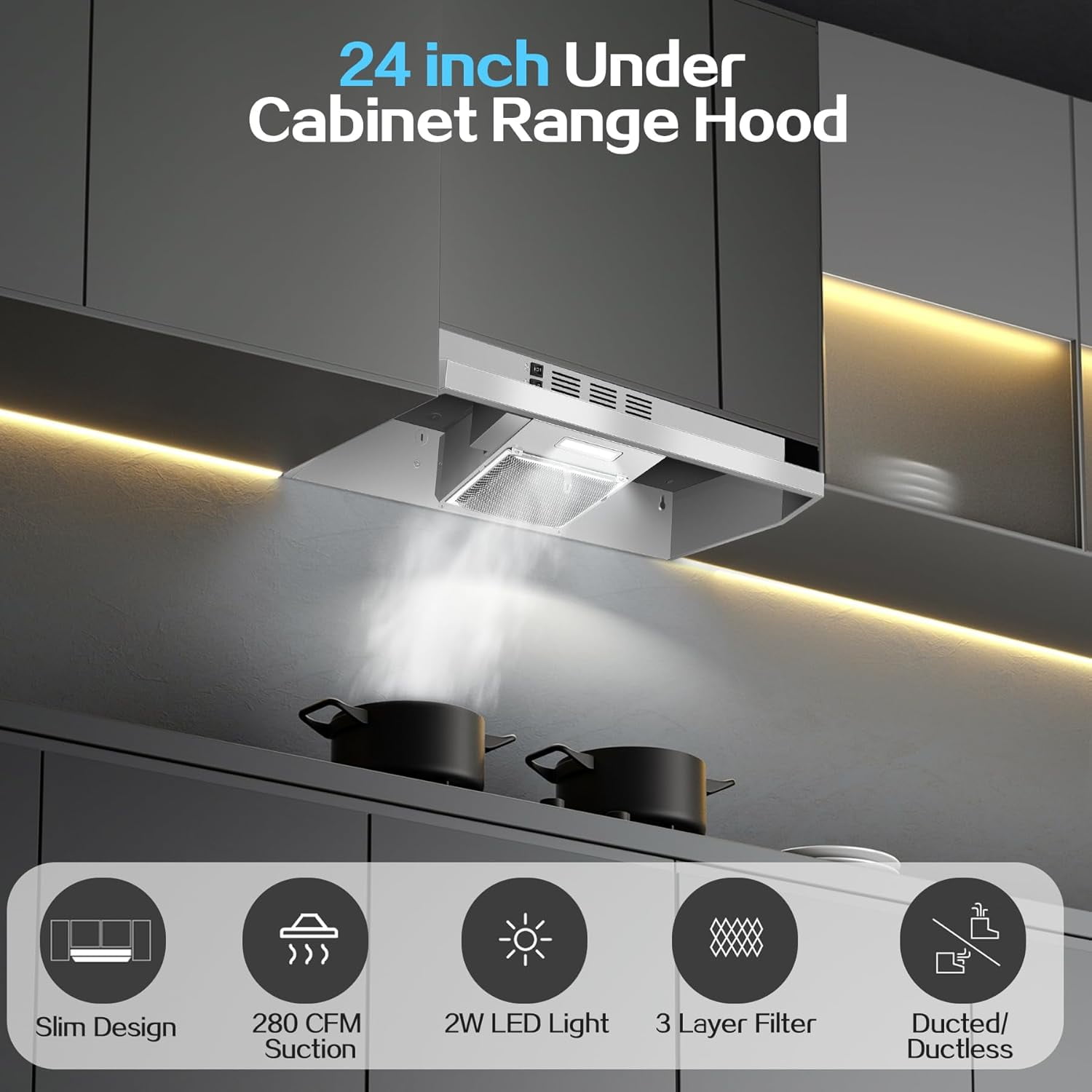 24 inch Range Hood Under Cabinet, Stainless Steel Kitchen Hood 280CFM, Ducted/Ductless Vent Hood with Rocker Button Control, Stove Hood with 2 Speeds Fan, Bright LED Light, black, silver, white
