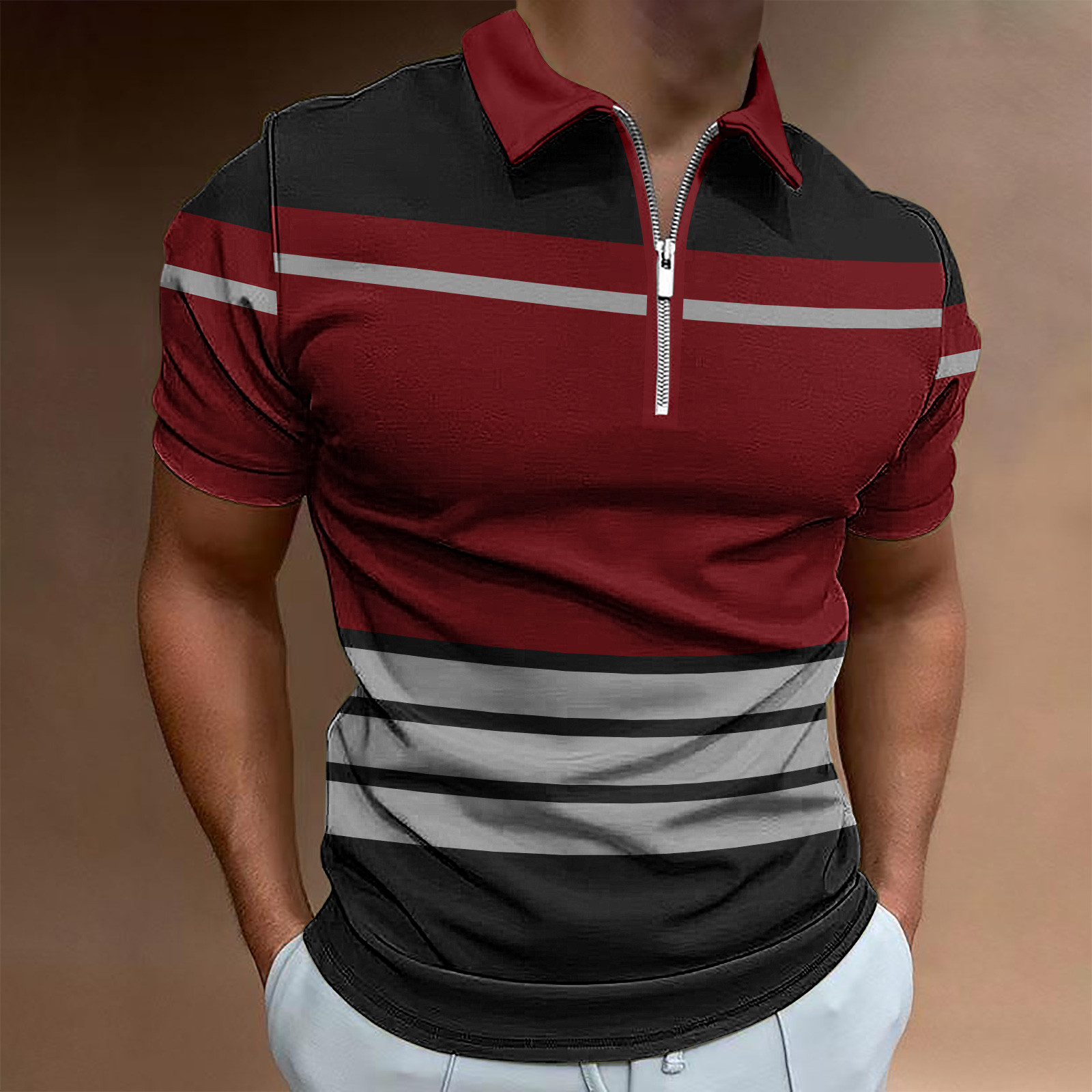 Men's Zipper Polo Shirt Casual Striped Color Block Print Short Sleeve ...