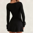 thumbnail image 6 of Womens Square Neck Bodice Dress Long Sleeve Side Slit Flare Mini Dresses Black L, 6 of 8