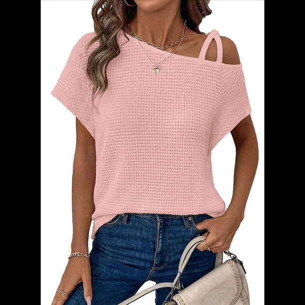 Camiseta Informal de Verano para Mujer, de Corta, con Hombros Descubiertos y Tejido Gofre, Talla XL, Color Rosa