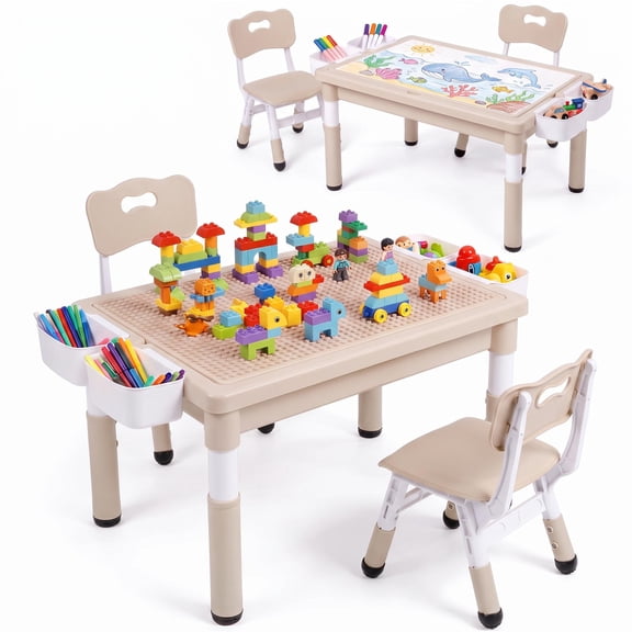 TLSUNNY Kids Table and 2 Chairs Set, Height Adjustable Toddler Activity Lego Table W/ Large Storage & Double-Sided Graffiti/Block Building Table Top, 4 Drawers for Home, Preschool, Classroom