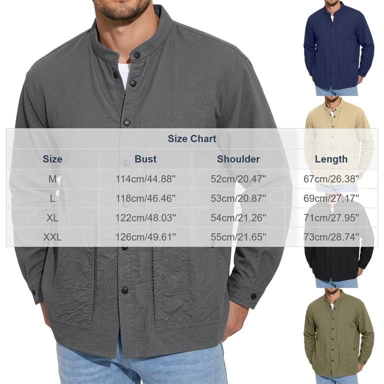 Kosheko Men's Lightweight Work Shirt Jacket Mandarin Stand Collar