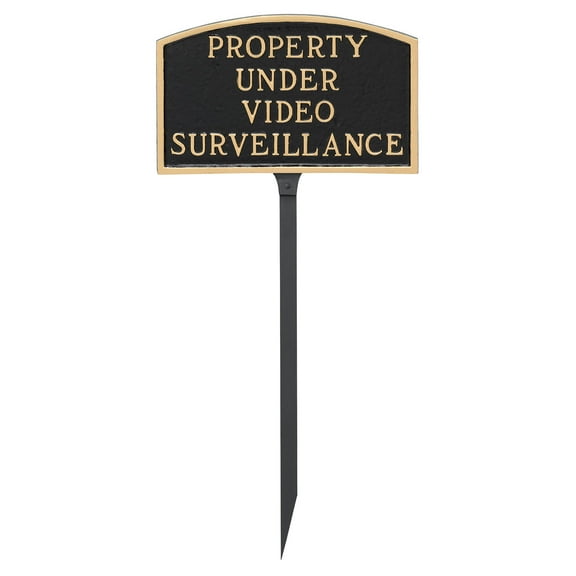 5.5" x 9" Small Arch Property Under Video Surveillance Statement Plaque Sign with Lawn Stake - Black/Gold