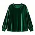 thumbnail image 4 of thefmos Women's Round Neck Velvet Pullover Top Long Sleeve Solid Color Casual Loose Fit Sweatshirt Trendy Fall Winter Outfit, Green L, 4 of 6