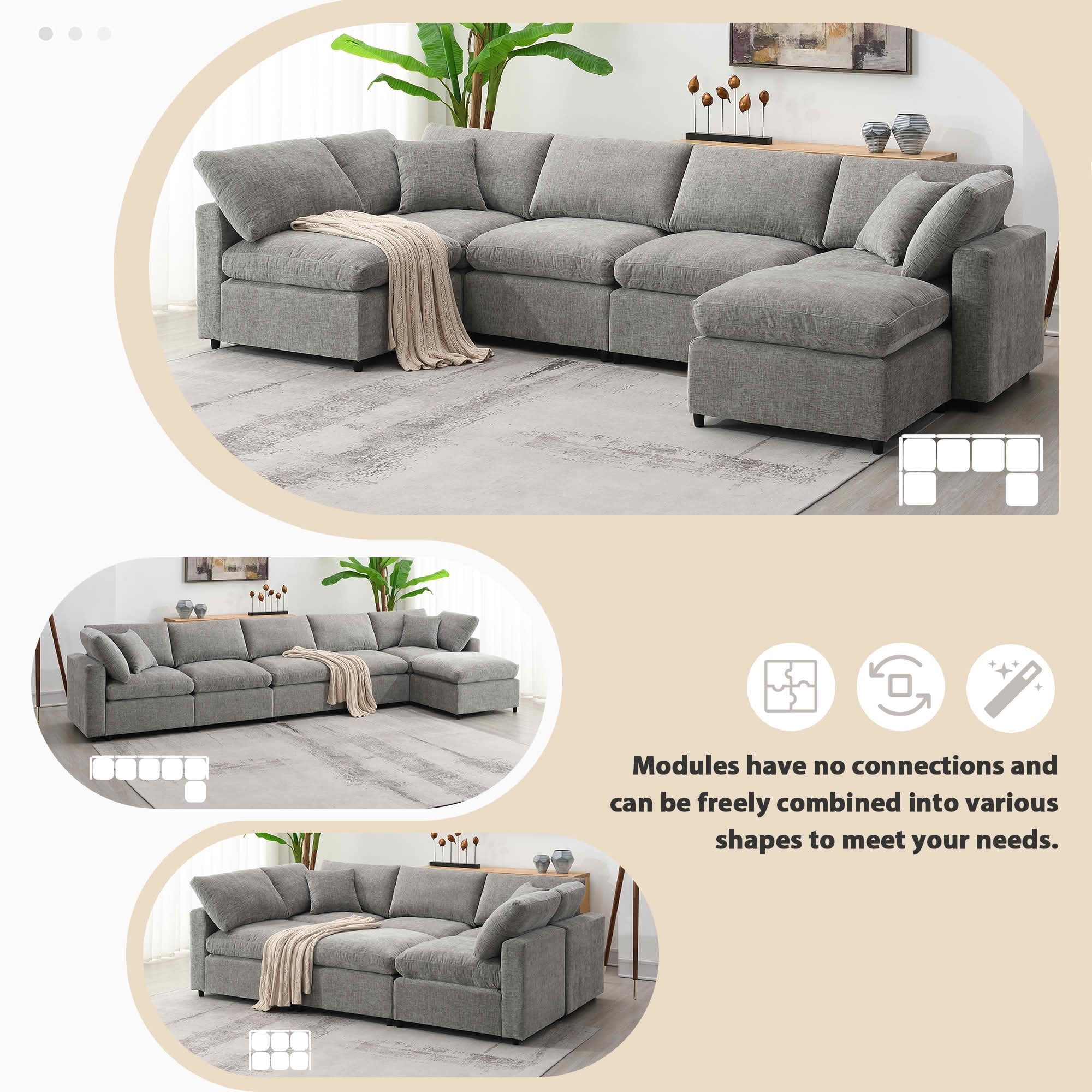 MAYEERTY 130x65" Modular Cloud Sofa Bed - 6-Seat Chenille, Convertible U-Shaped with Ottoman