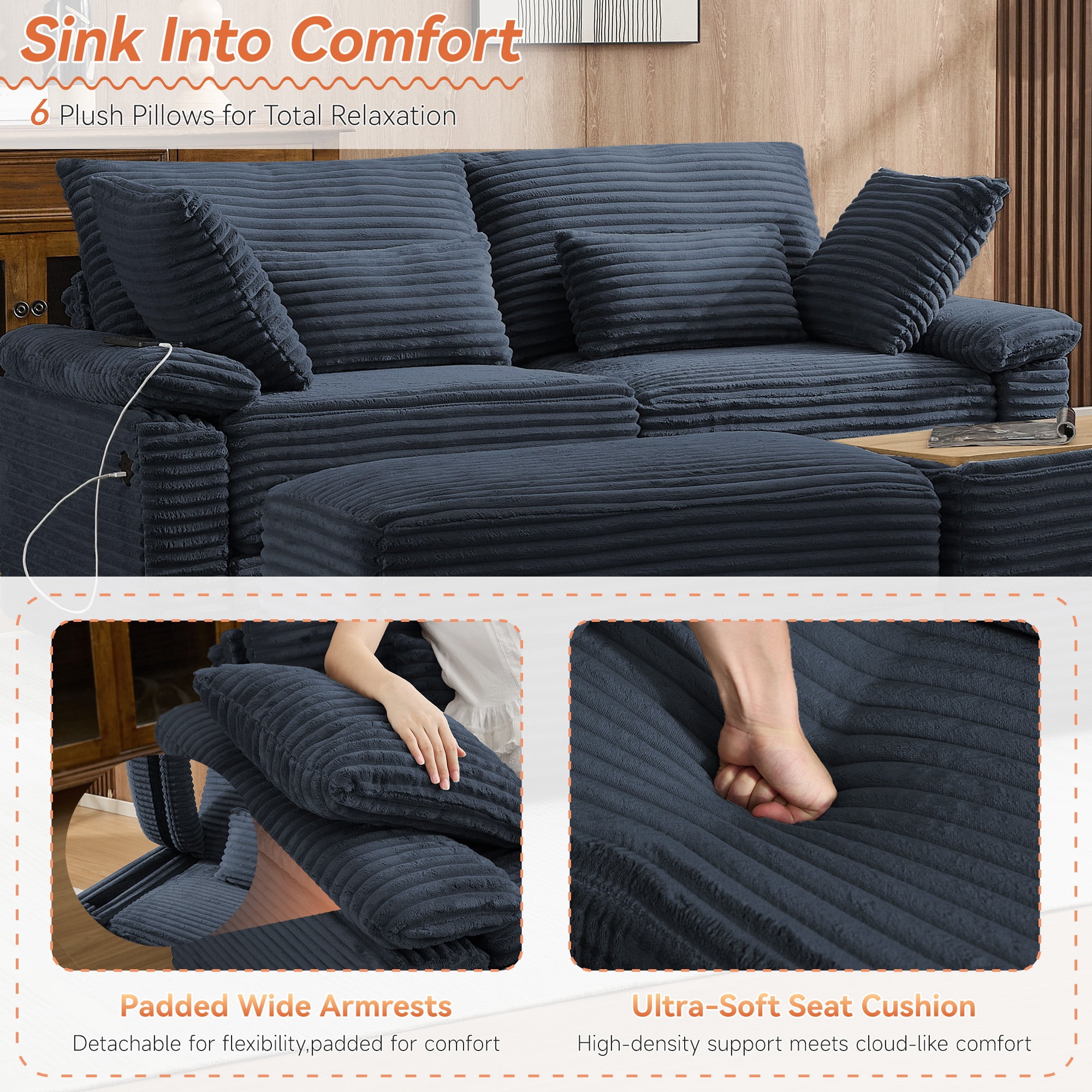 Corduroy Upholstered Sofa for Living Room,Modern Deep Seat Comfy Loveseat Couch with 2 Ottomans,Blue